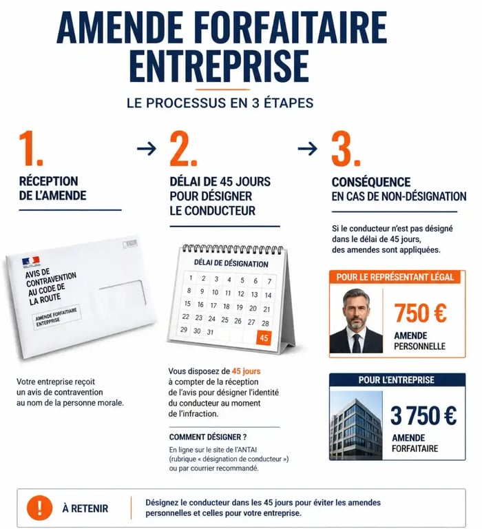 Infographie sur la responsabilité pénale des dirigeants en cas d'infraction routière professionnelle et les sanctions de non-désignation