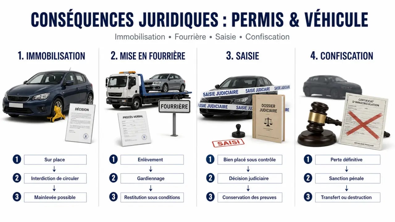 Permis de conduire et saisie immobilière : les conséquences juridiques sur un schéma comparatif des mesures immobilisation, mise en fourrière, saisie et confiscation du véhicule